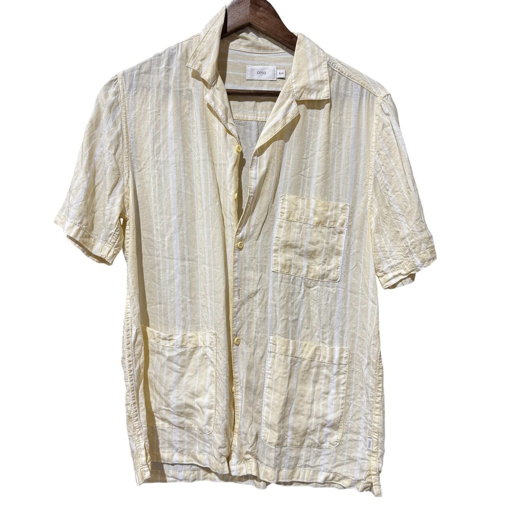Onia Shirt Mens Small Linen Tencel Button Up Short Sleeve Striped Pockets Casual